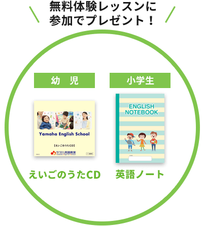 無料体験レッスンにご参加の方へプレゼント。幼児コース=英語のうたCD、小学生=英語ノート